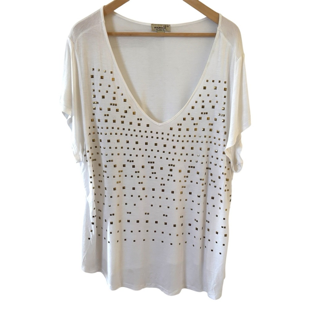One World Womens Studded Top Size 2X White Bohemian Classic Going Out Preppy 90s